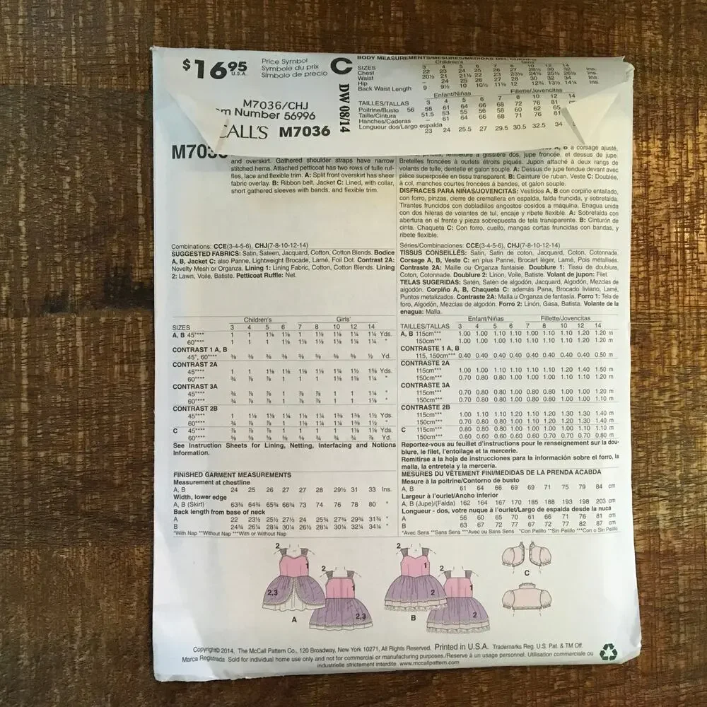 McCalls Sewing Pattern 7036 Girls Costume Alice Wonderland Mad Hatter 7-14 UNCUT
